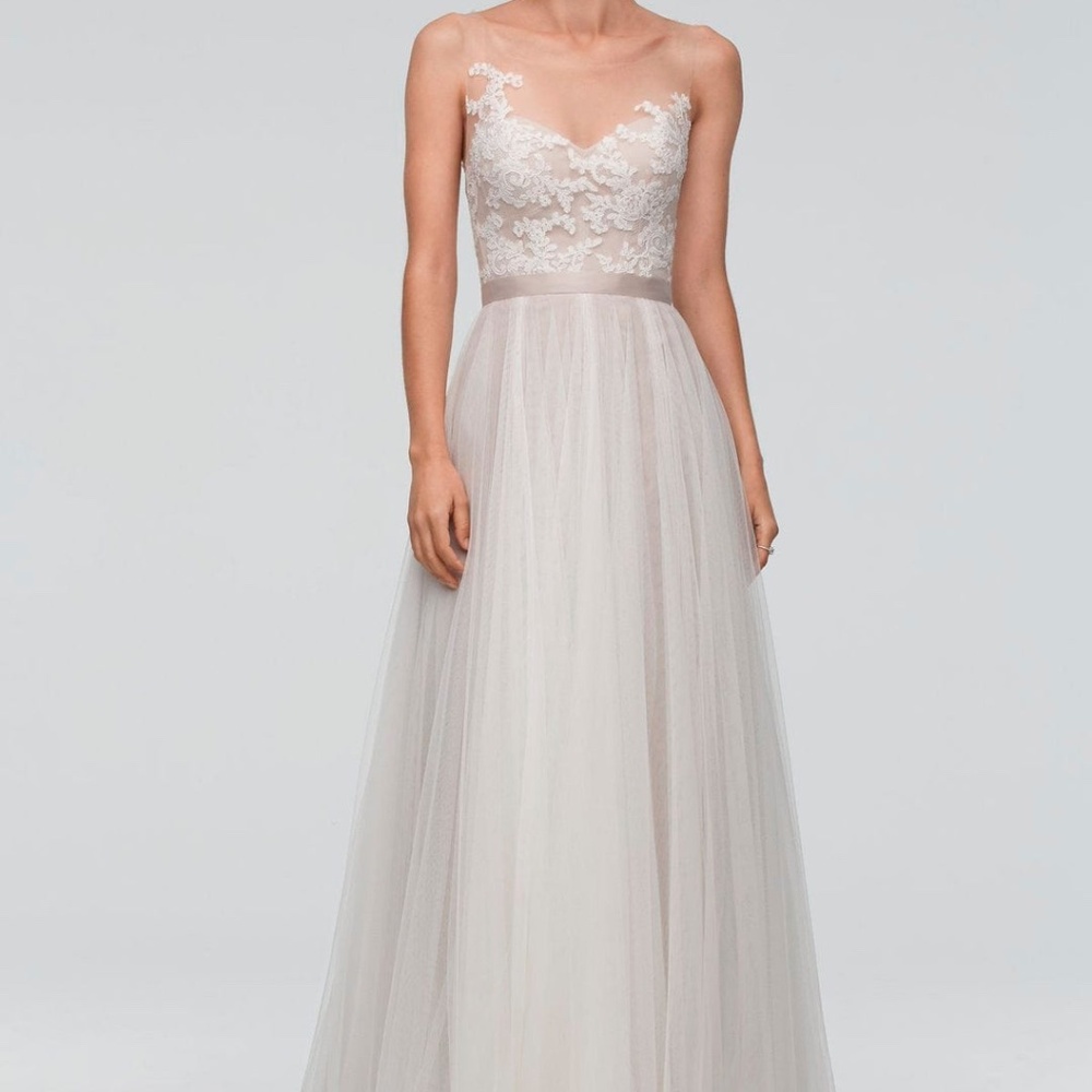 Watters Lace Appliqué Tulle A-Line Wedding Dress in Ivory Blush